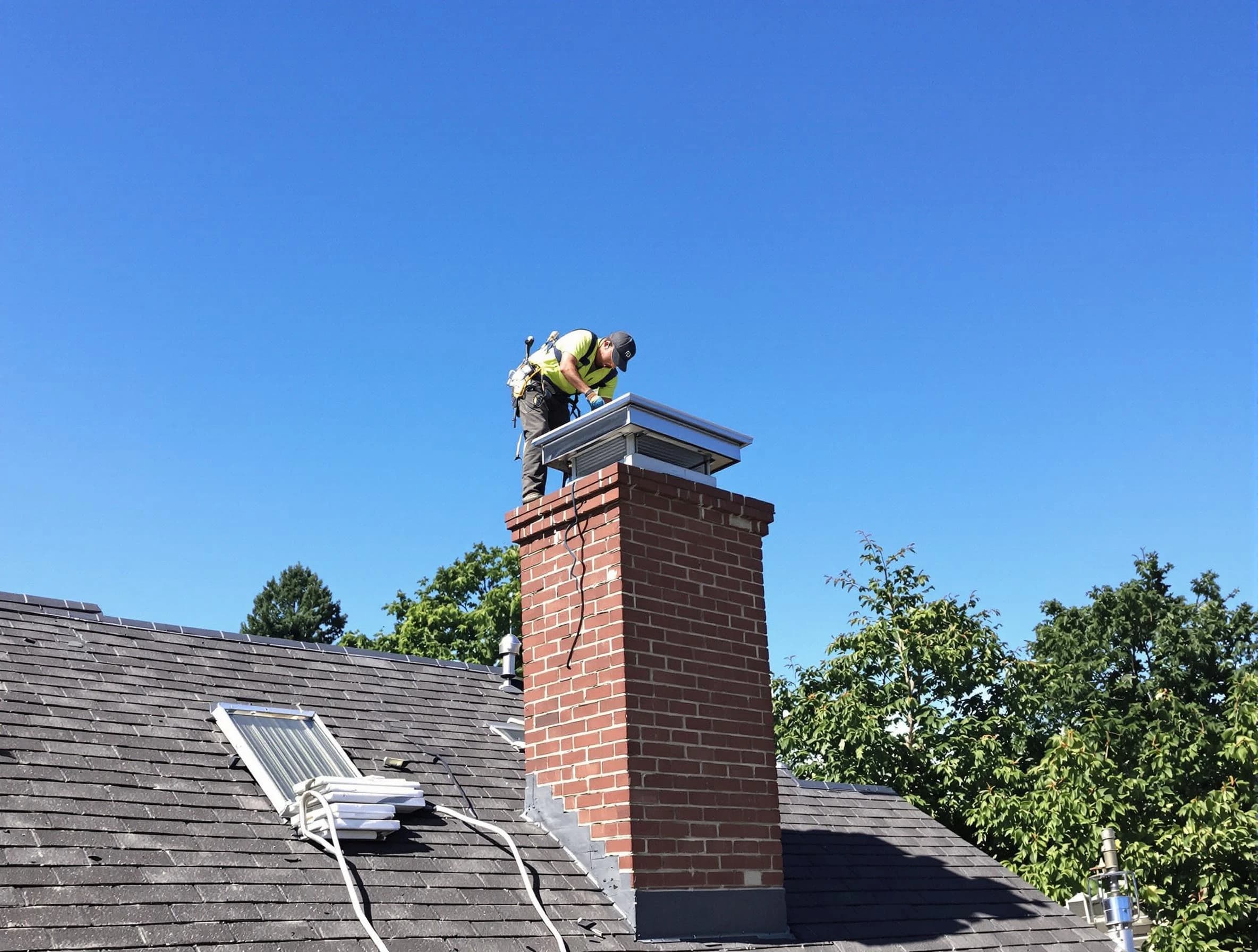 West Deer Chimney Sweep technician measuring a chimney cap in West Deer, PA