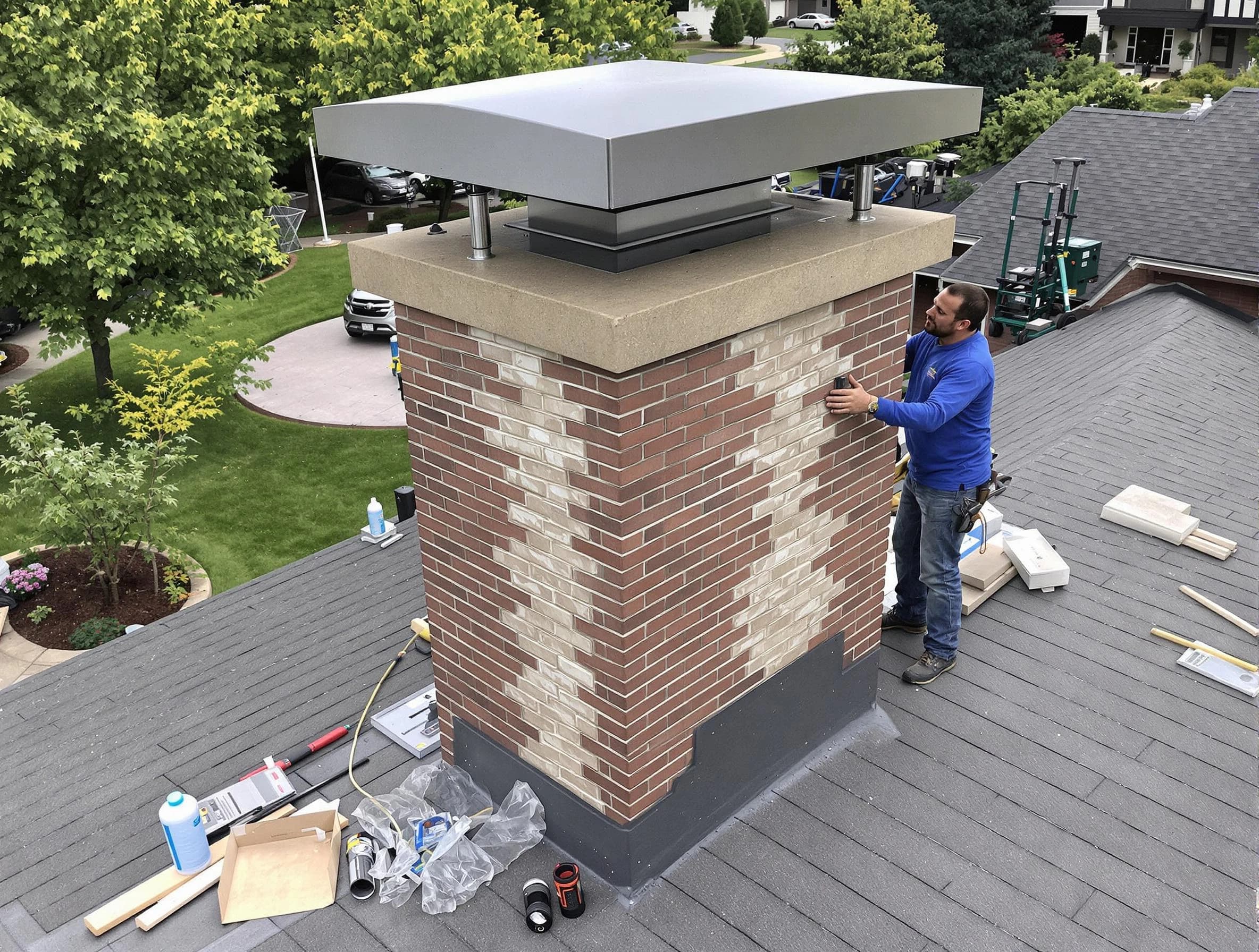 West Deer Chimney Sweep team working on a custom chimney remodel in West Deer, PA